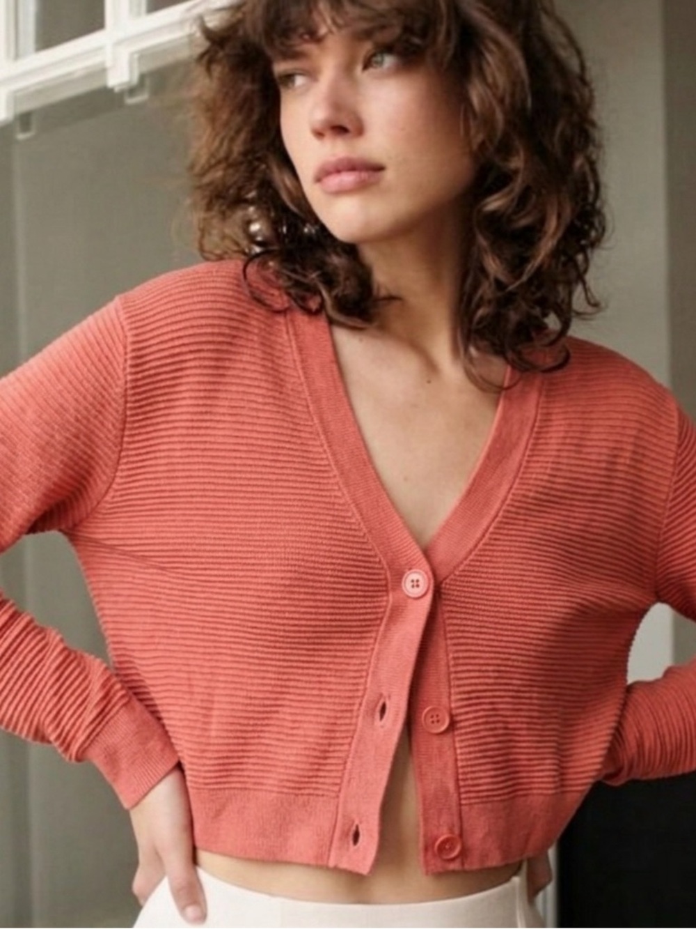 Aritzia Wilfred Sz S Light Knit Orange Cropped Cardigan Sweater - Picture 1 of 8